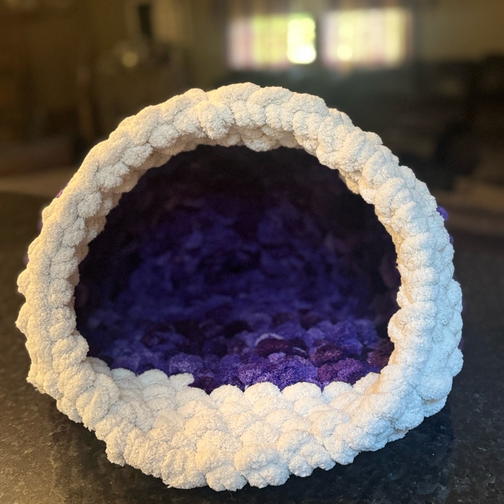 Cozy Purple and Cream Pet Bed . Handmade perfect for cats
